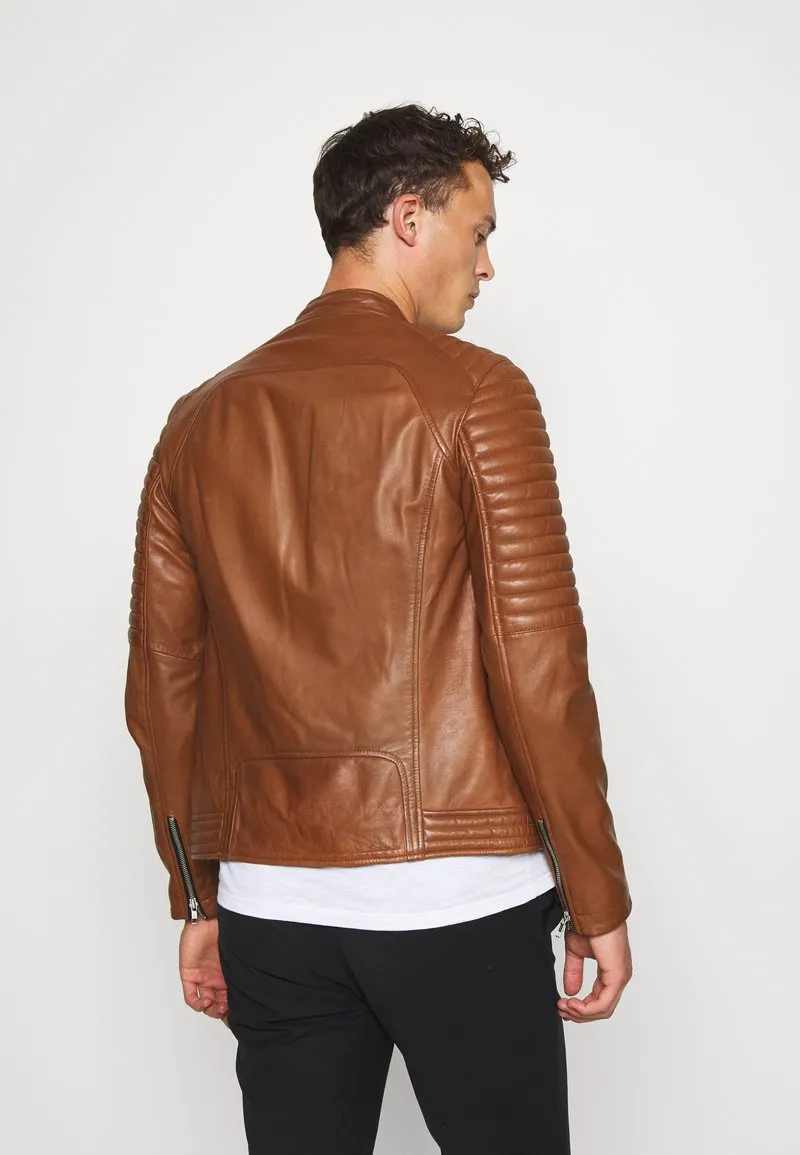 Men's Tan Brown Leather Biker Jacket