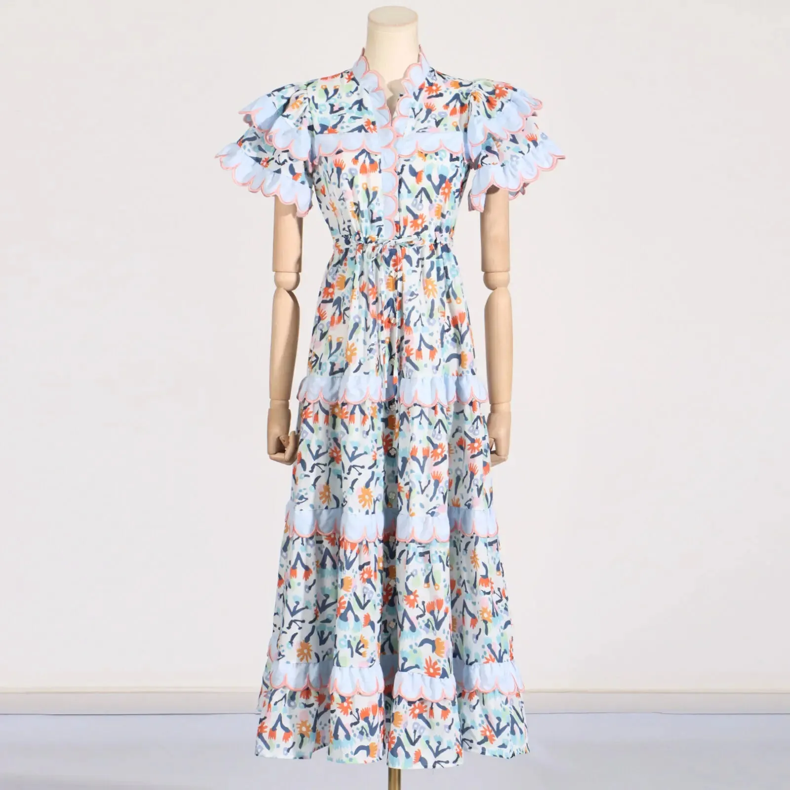 Metaversmall Elegant Printing Tunic Long Dresses For Women V Neck Flying Sleeve High Waist Patchwork Ruffles Dress Female Fashion Style