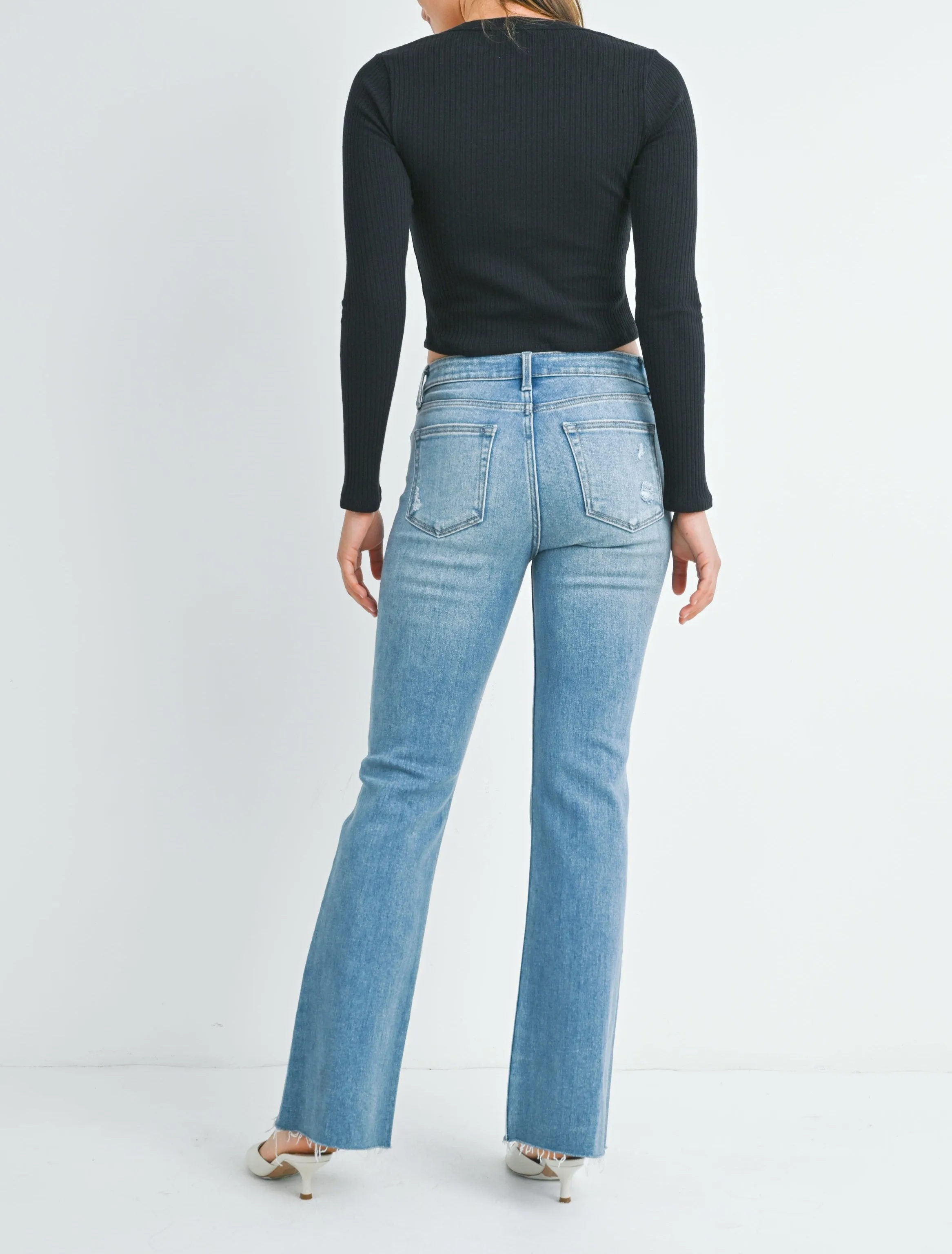 Mid-Rise Flare Jeans with Raw Hem Detail in Medium Denim JBD