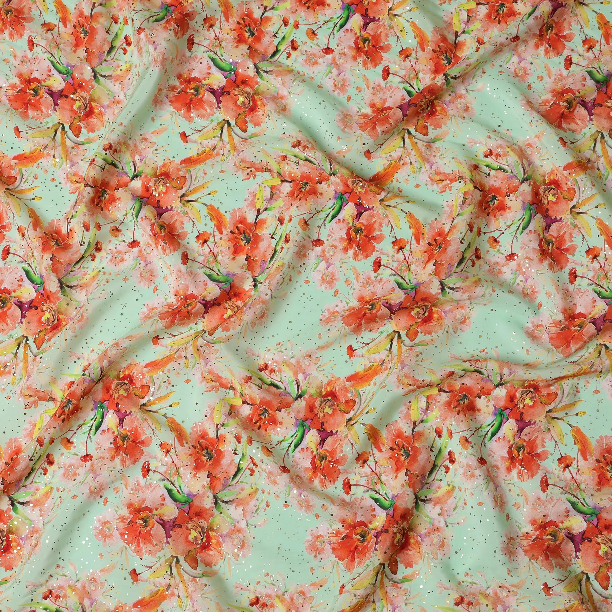 Mint Green Indian Viscose Crepe Fabric with Foil, Orange Floral Print, 110 cm Width-D20926