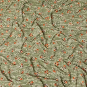 Mint green synthetic crepe fabric with same tone and peach print having stone work in floral design-D15304