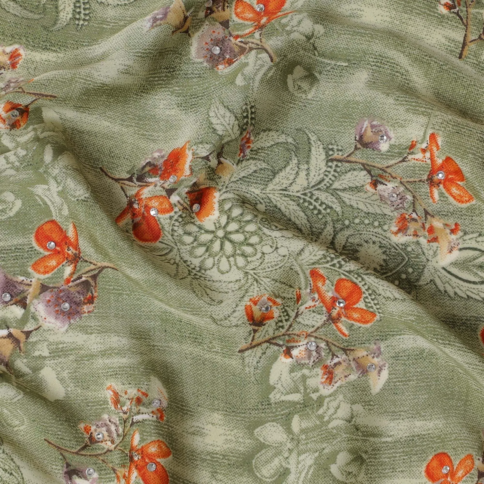 Mint green synthetic crepe fabric with same tone and peach print having stone work in floral design-D15304