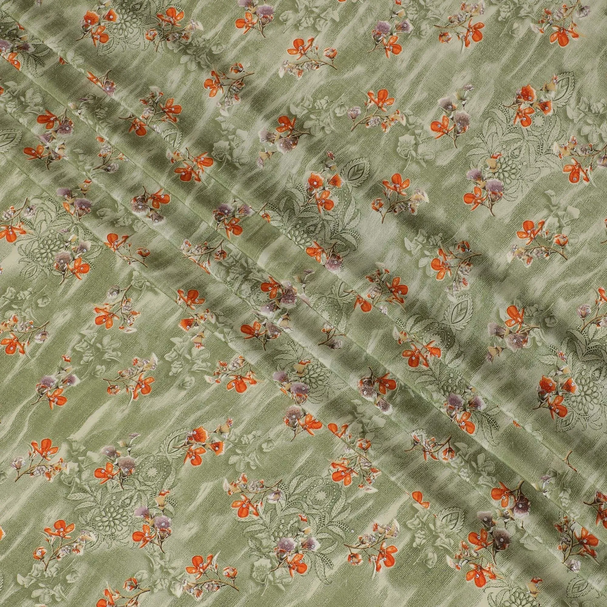 Mint green synthetic crepe fabric with same tone and peach print having stone work in floral design-D15304