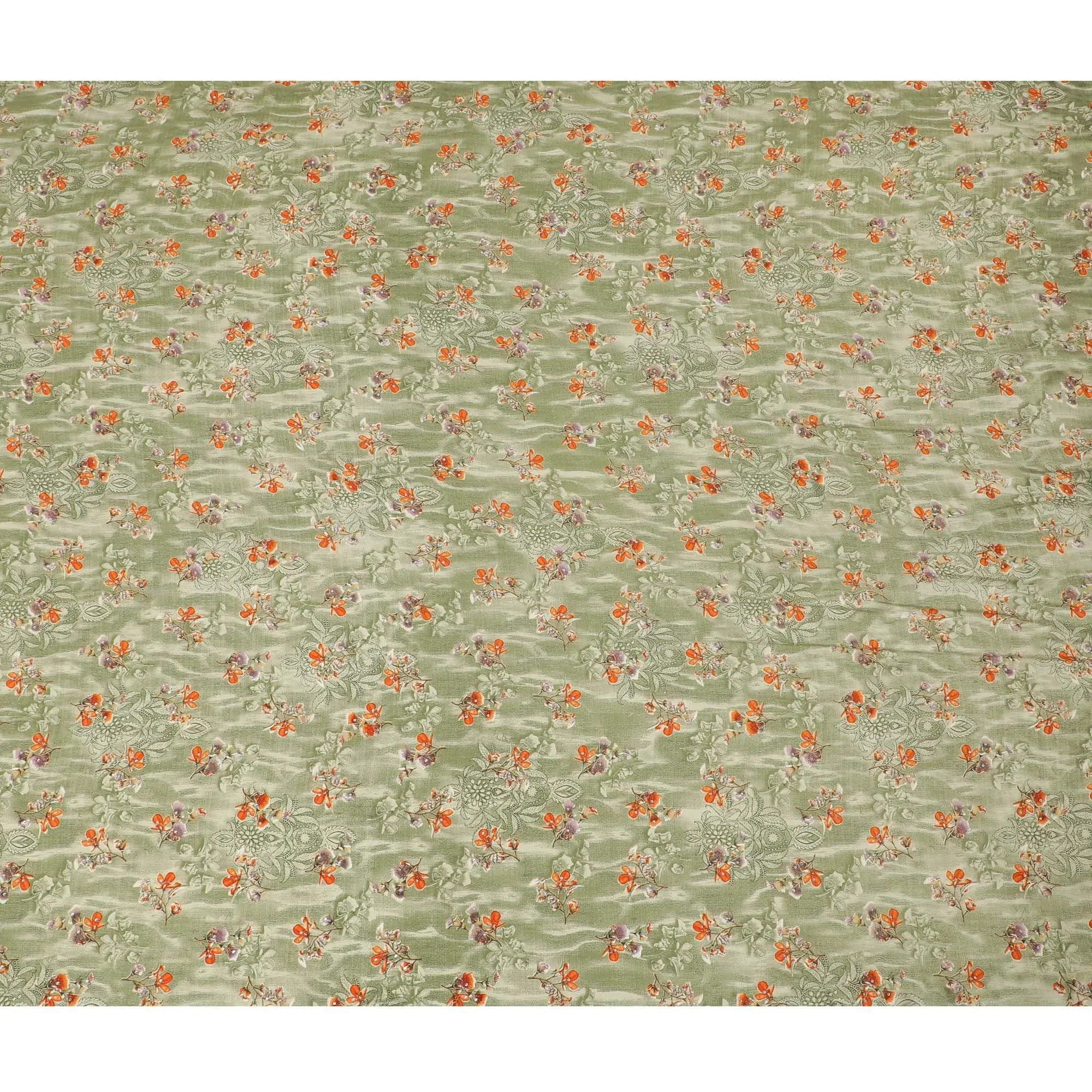 Mint green synthetic crepe fabric with same tone and peach print having stone work in floral design-D15304