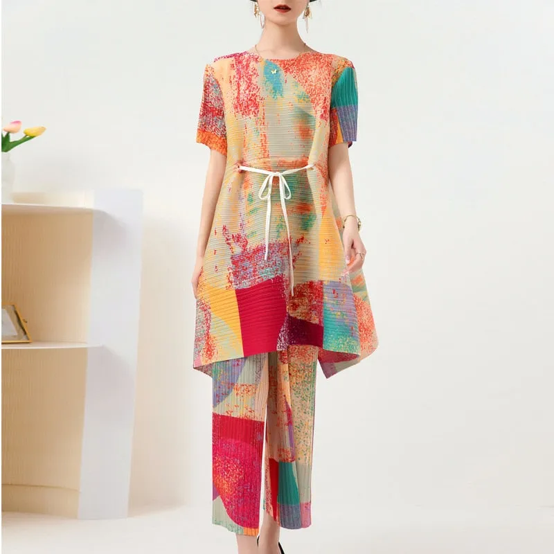 Miyake Pleated Tie-Waist Top and Wide Leg Pants Set