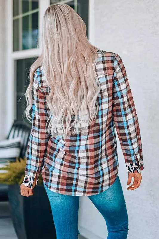 Multicolor Plaid Print Leopard Trim Shirt Jacket