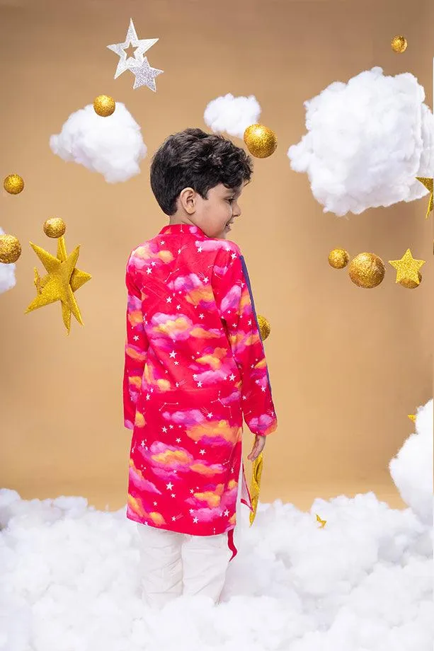 Mysteries Of Dawn Pink Printed Kurta and Off-White Pants Set for Boys