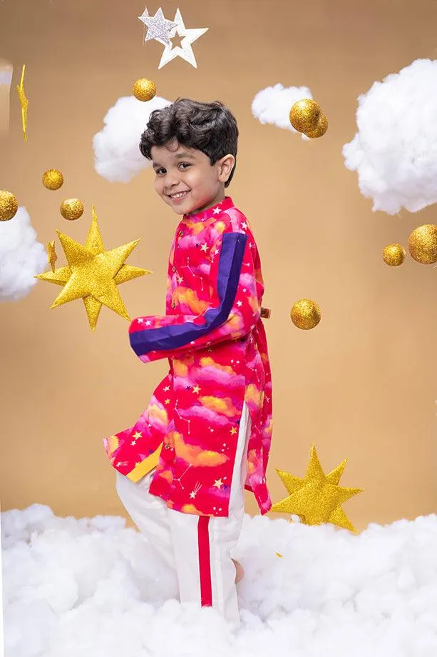 Mysteries Of Dawn Pink Printed Kurta and Off-White Pants Set for Boys