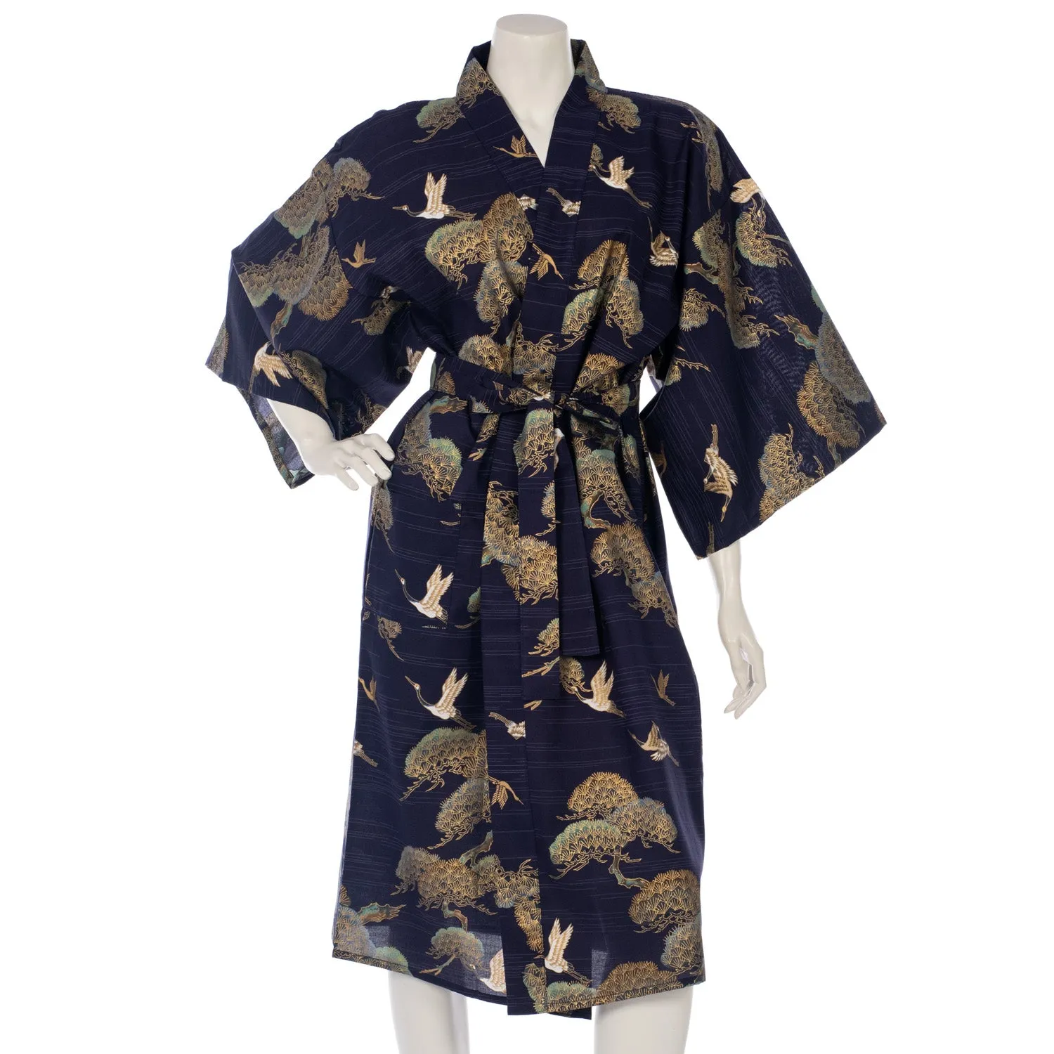 Navy Crane and Pine Short Japanese Kimono