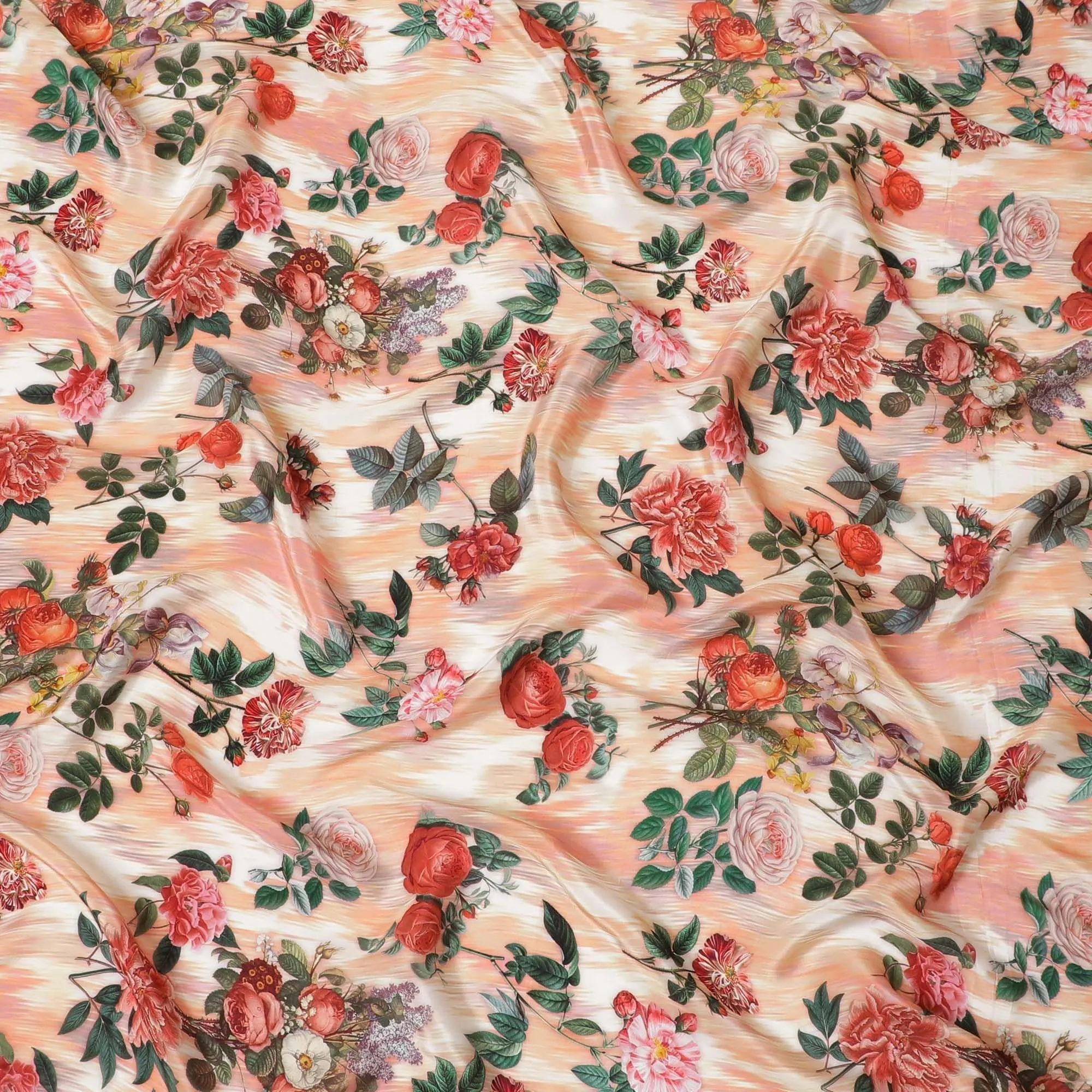 Off white synthetic crepe fabric with bottle green, brick pink, olive green and maroon print in floral design-D7635