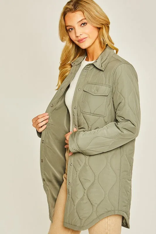 Olive Stone Diamond Quilted Long Line Shacket