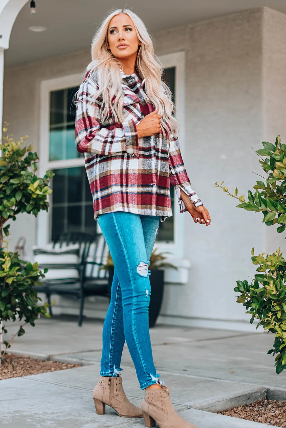 Orange Geometric Plaid Print Pocketed Shacket