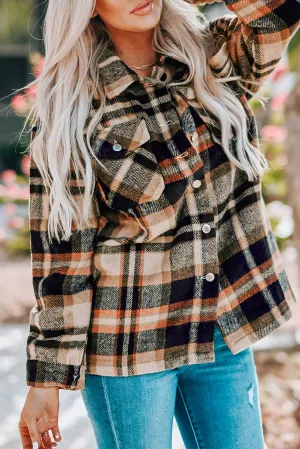 Orange Geometric Plaid Print Pocketed Shacket