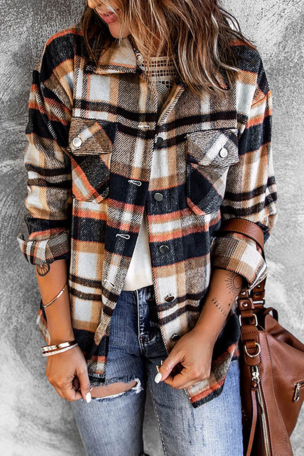 Orange Geometric Plaid Print Pocketed Shacket