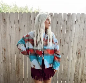 Oversized Cropped Aztec Shacket-Teal Combo