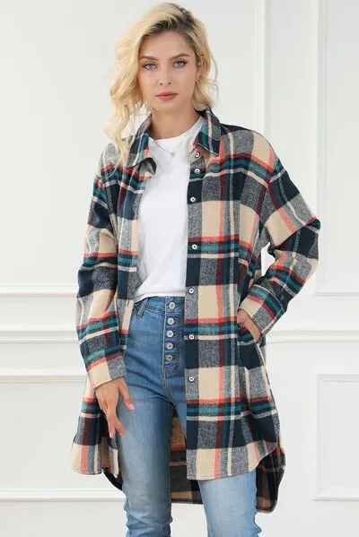 Plaid Button Up Long Sleeve Slit Shacket