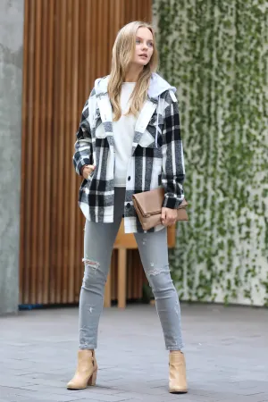 Plaid Drawstring Hooded Shacket