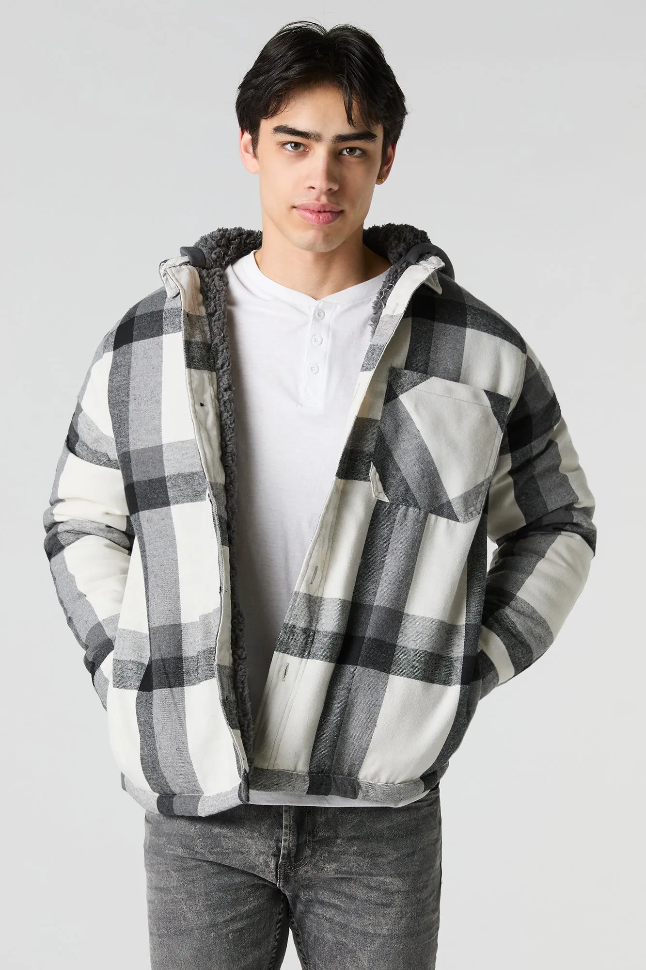 Plaid Sherpa Lined Hooded Shacket