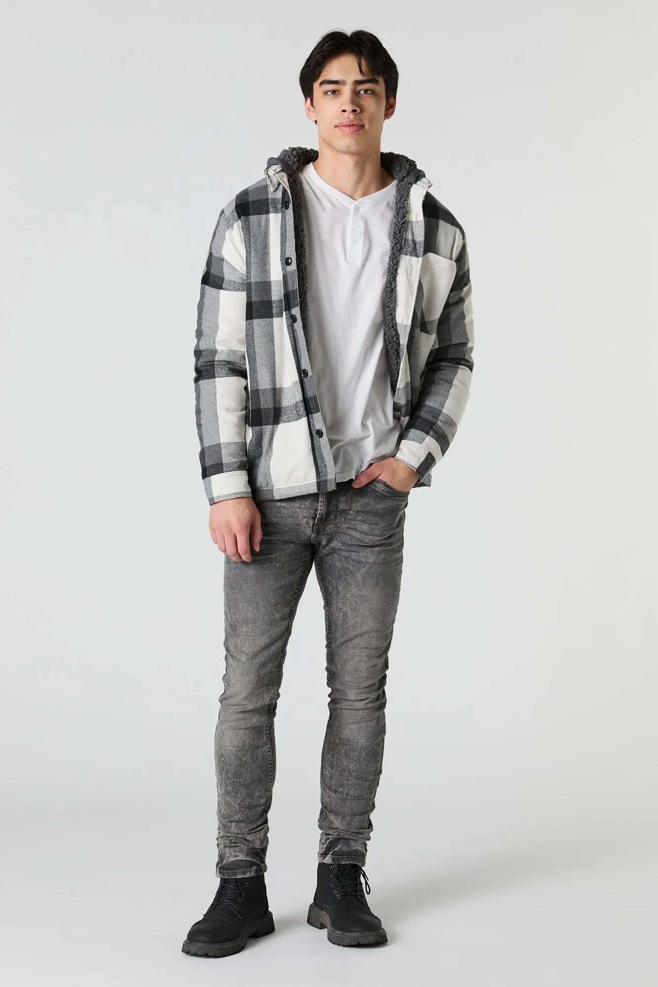 Plaid Sherpa Lined Hooded Shacket