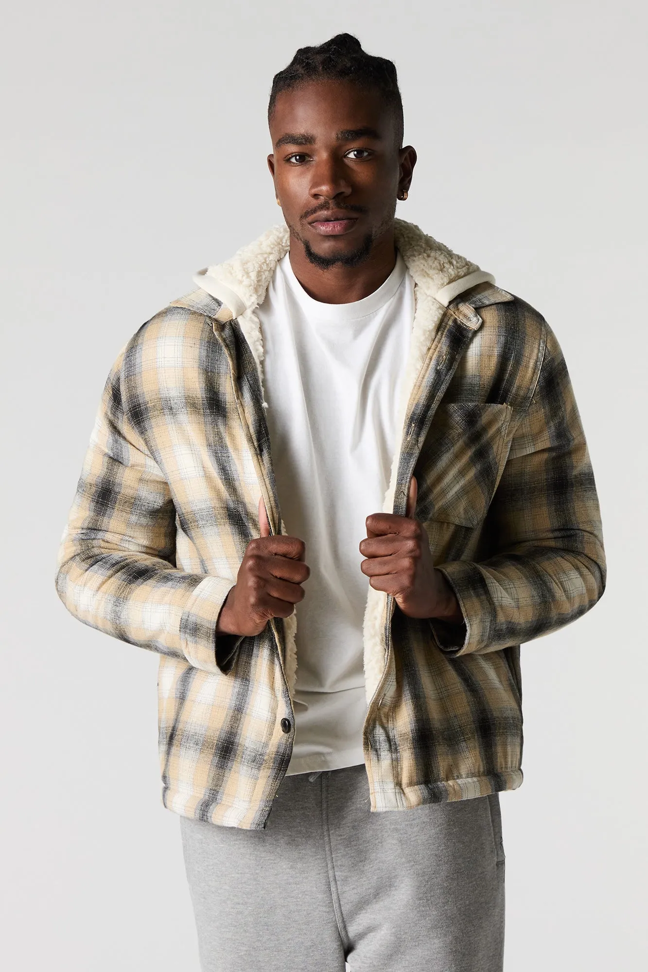 Plaid Sherpa Lined Hooded Shacket