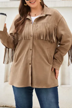 Plus Size Suede Fringe Trim Shacket