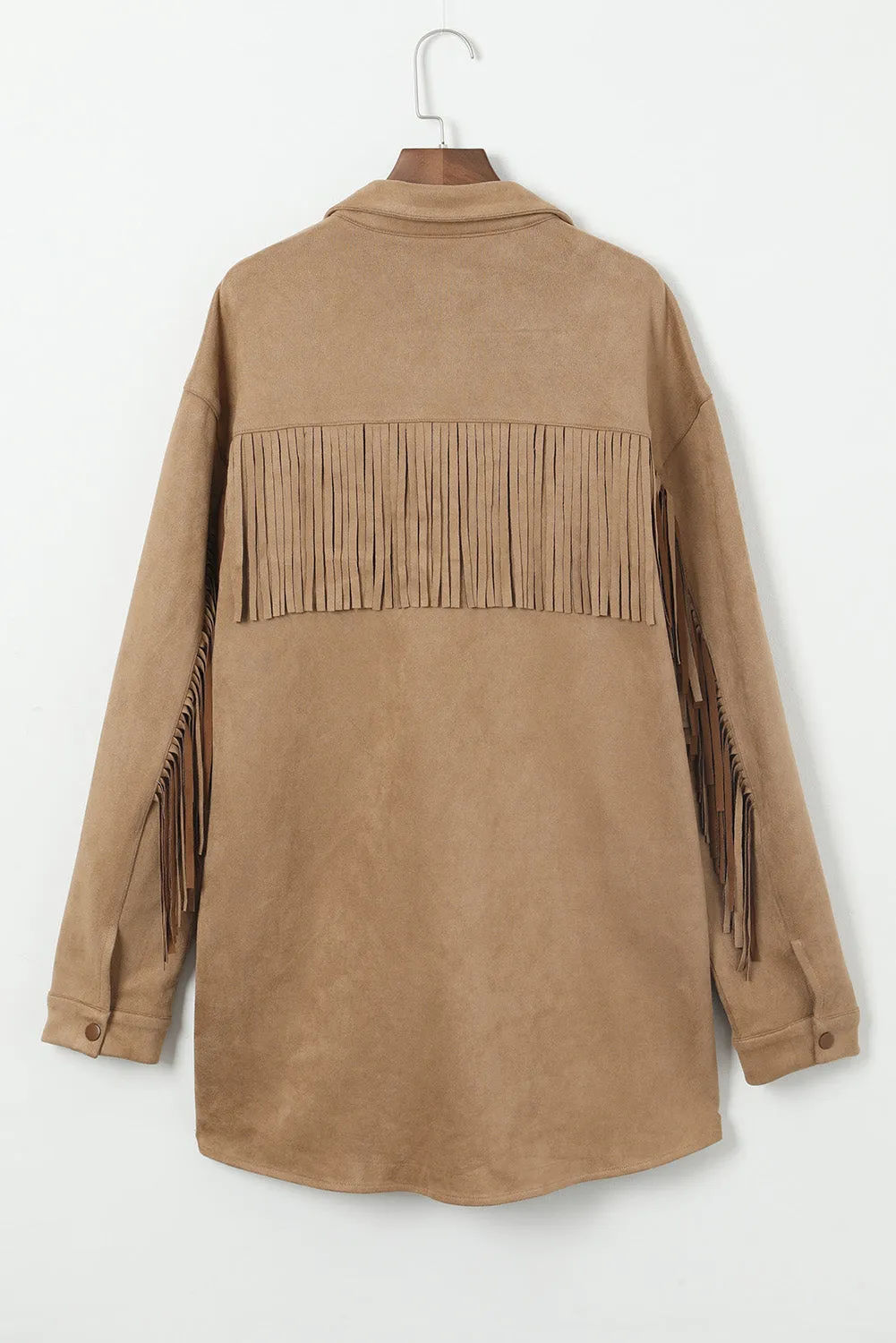 Plus Size Suede Fringe Trim Shacket