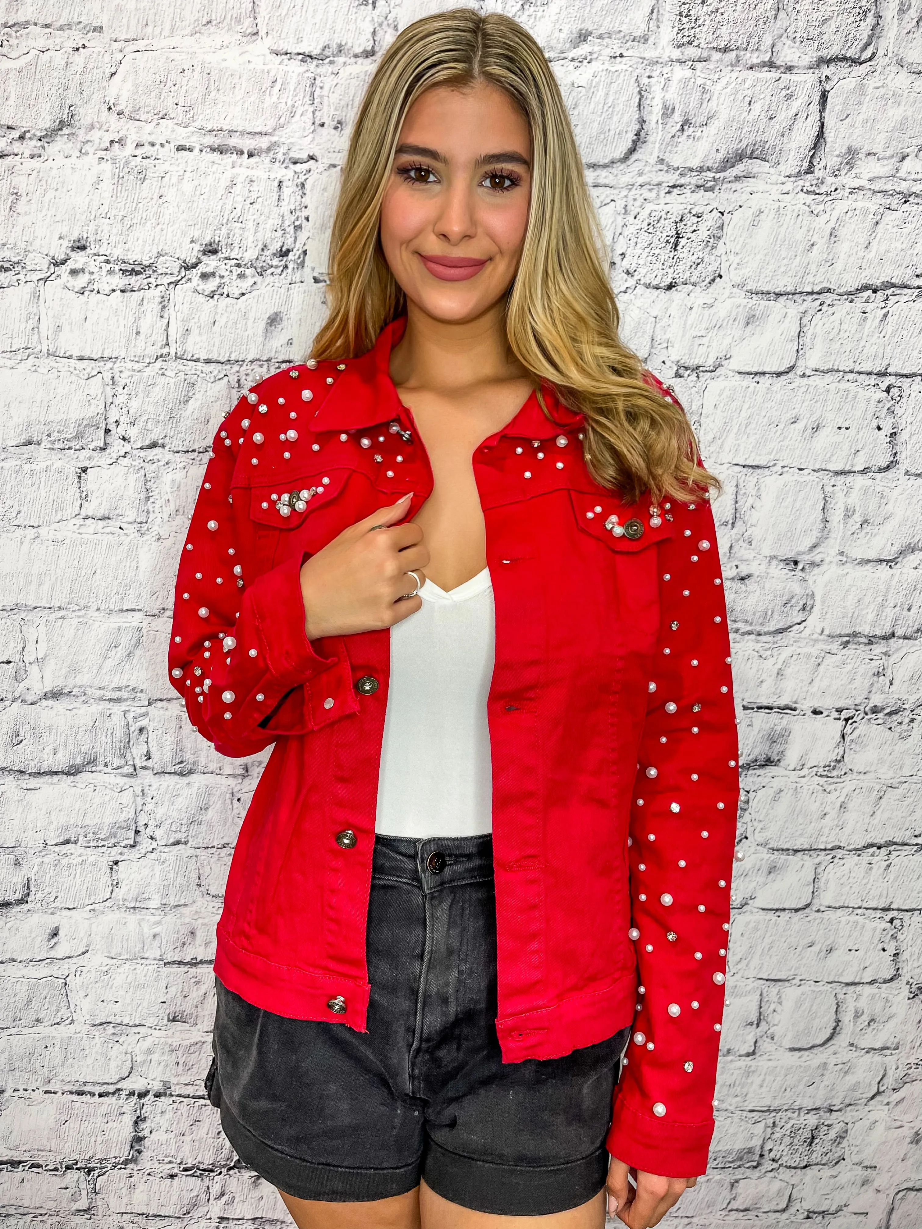 Pretty As A Pearl Rhinestone Pearl Denim Jacket - Red