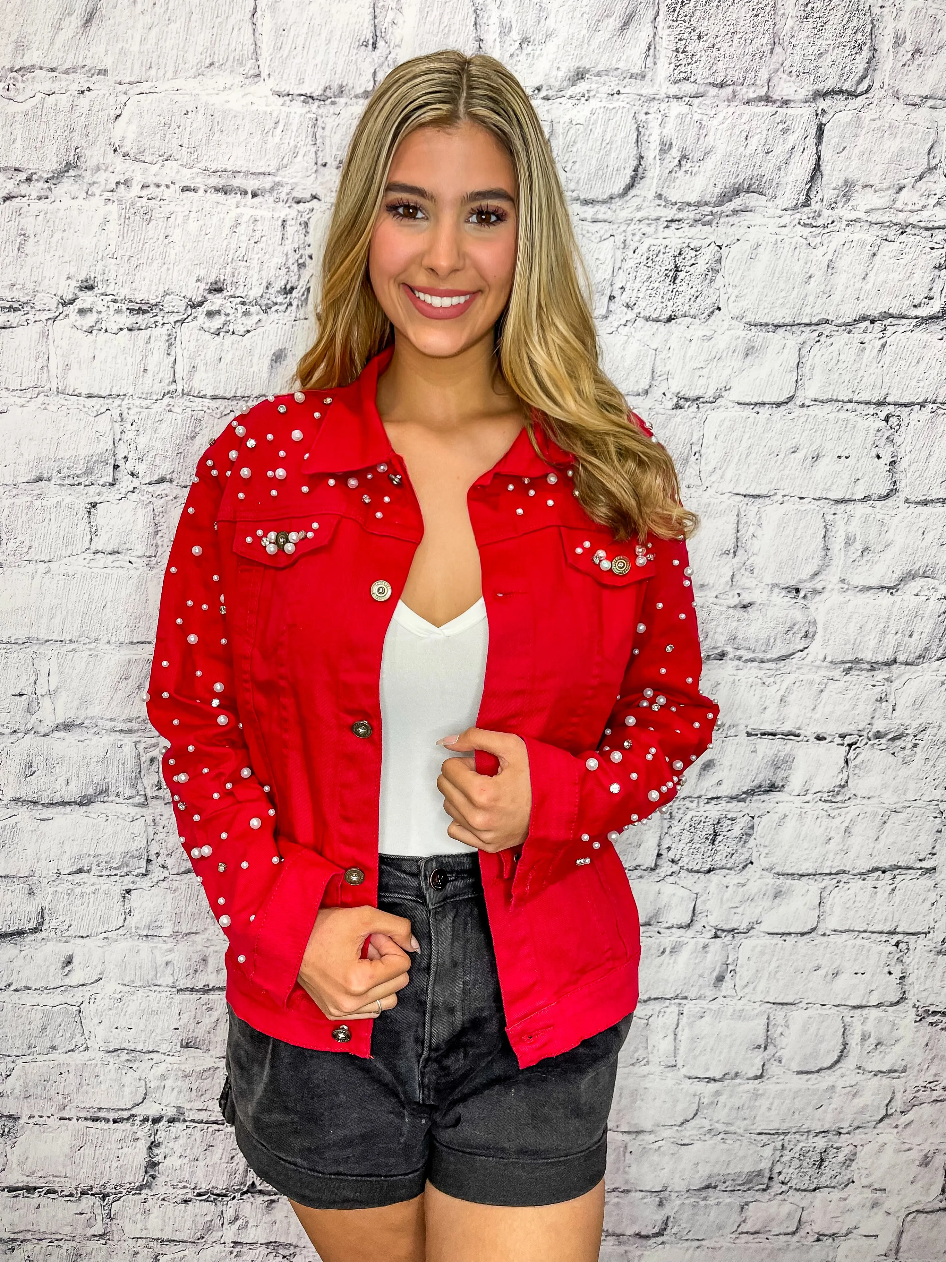 Pretty As A Pearl Rhinestone Pearl Denim Jacket - Red