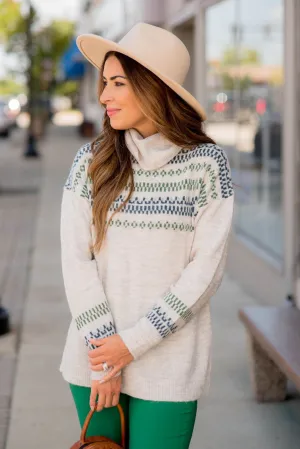 Printed Accents Cowl Neck Sweater