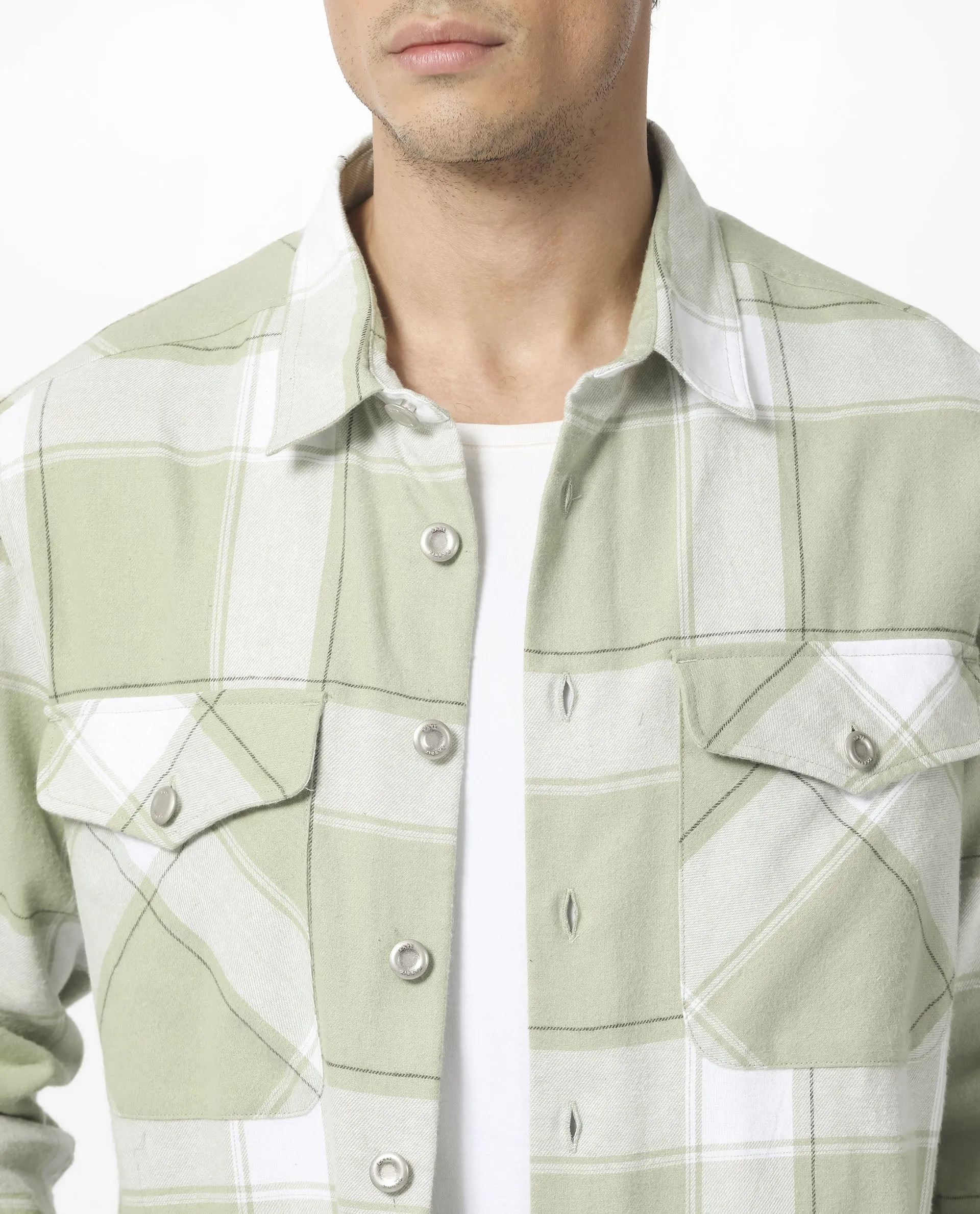 Rare Rabbit Men's Areo Pastel Green Cotton Fabric Full Sleeves Button Closure Twill Checks Shacket