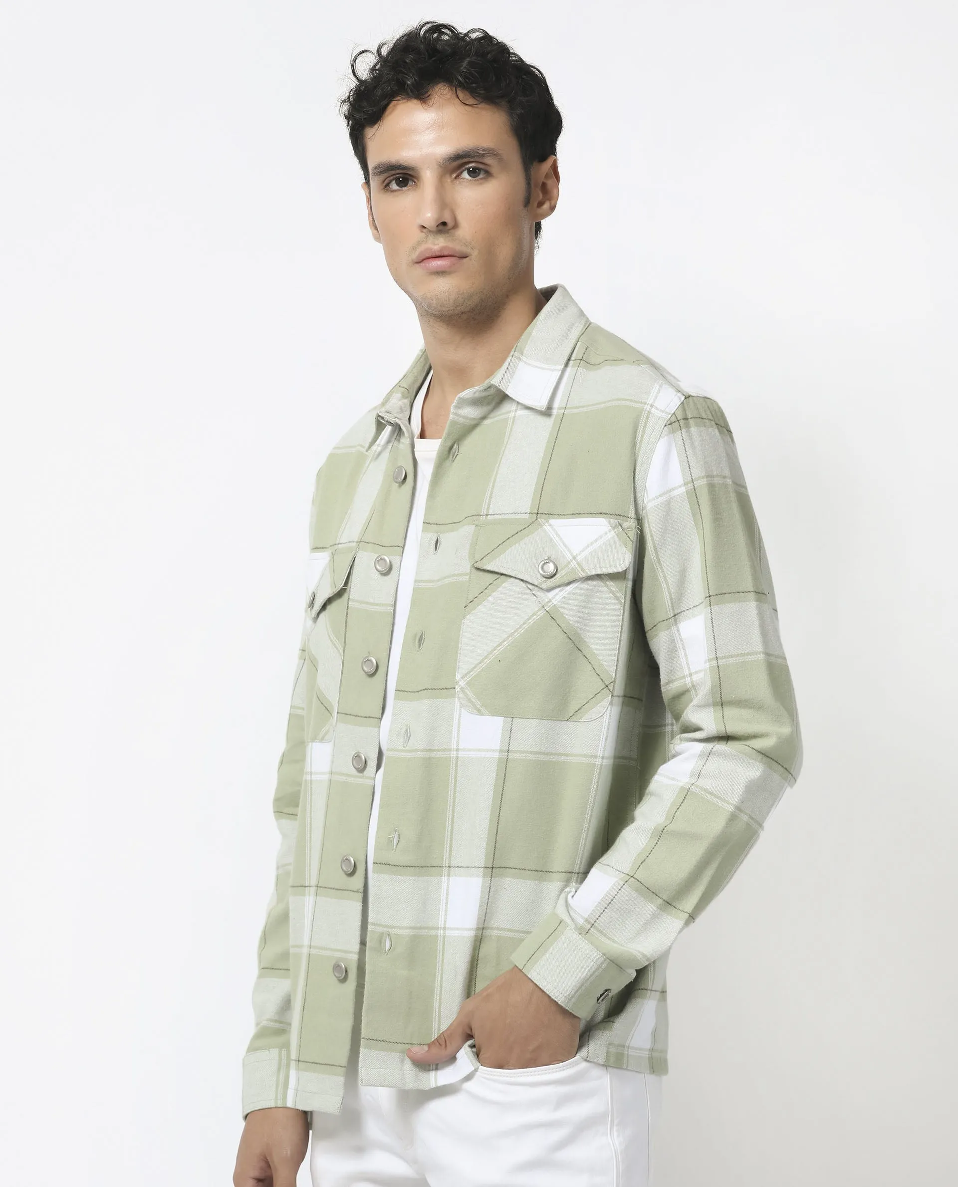 Rare Rabbit Men's Areo Pastel Green Cotton Fabric Full Sleeves Button Closure Twill Checks Shacket