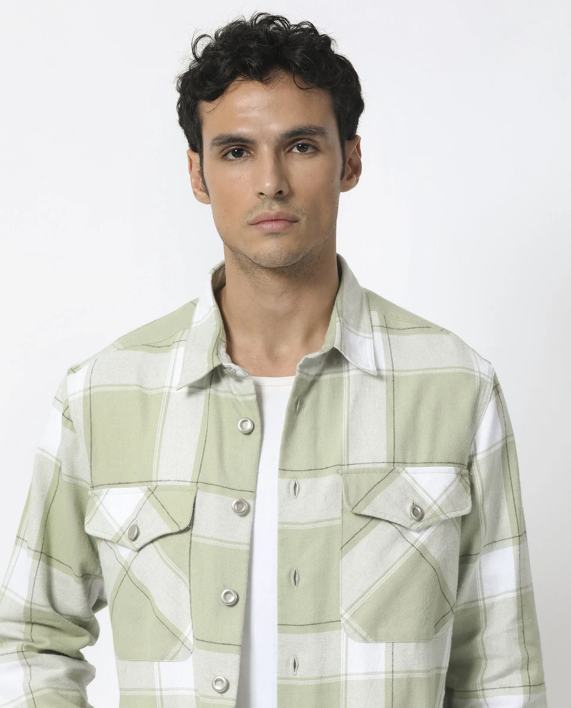 Rare Rabbit Men's Areo Pastel Green Cotton Fabric Full Sleeves Button Closure Twill Checks Shacket