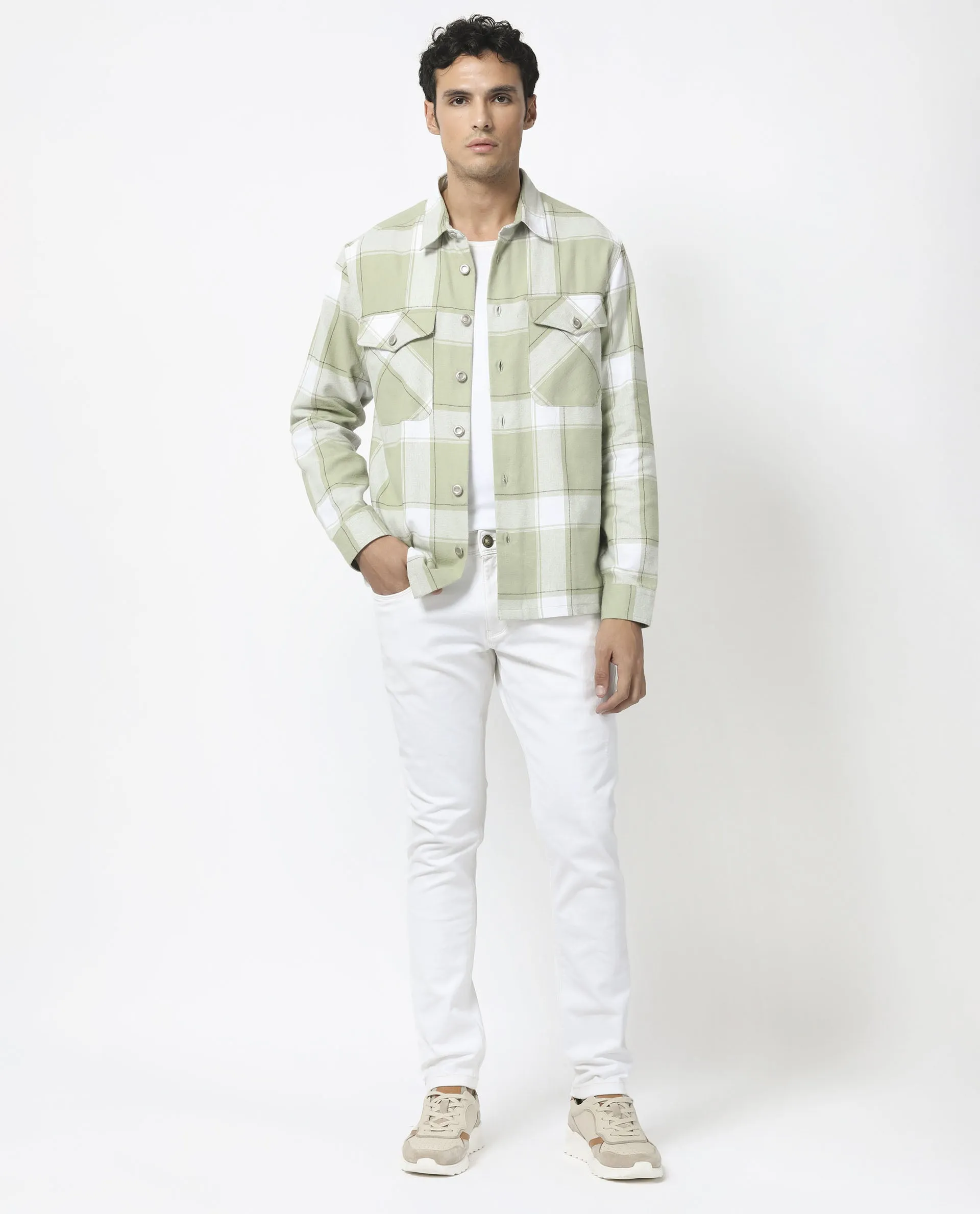 Rare Rabbit Men's Areo Pastel Green Cotton Fabric Full Sleeves Button Closure Twill Checks Shacket