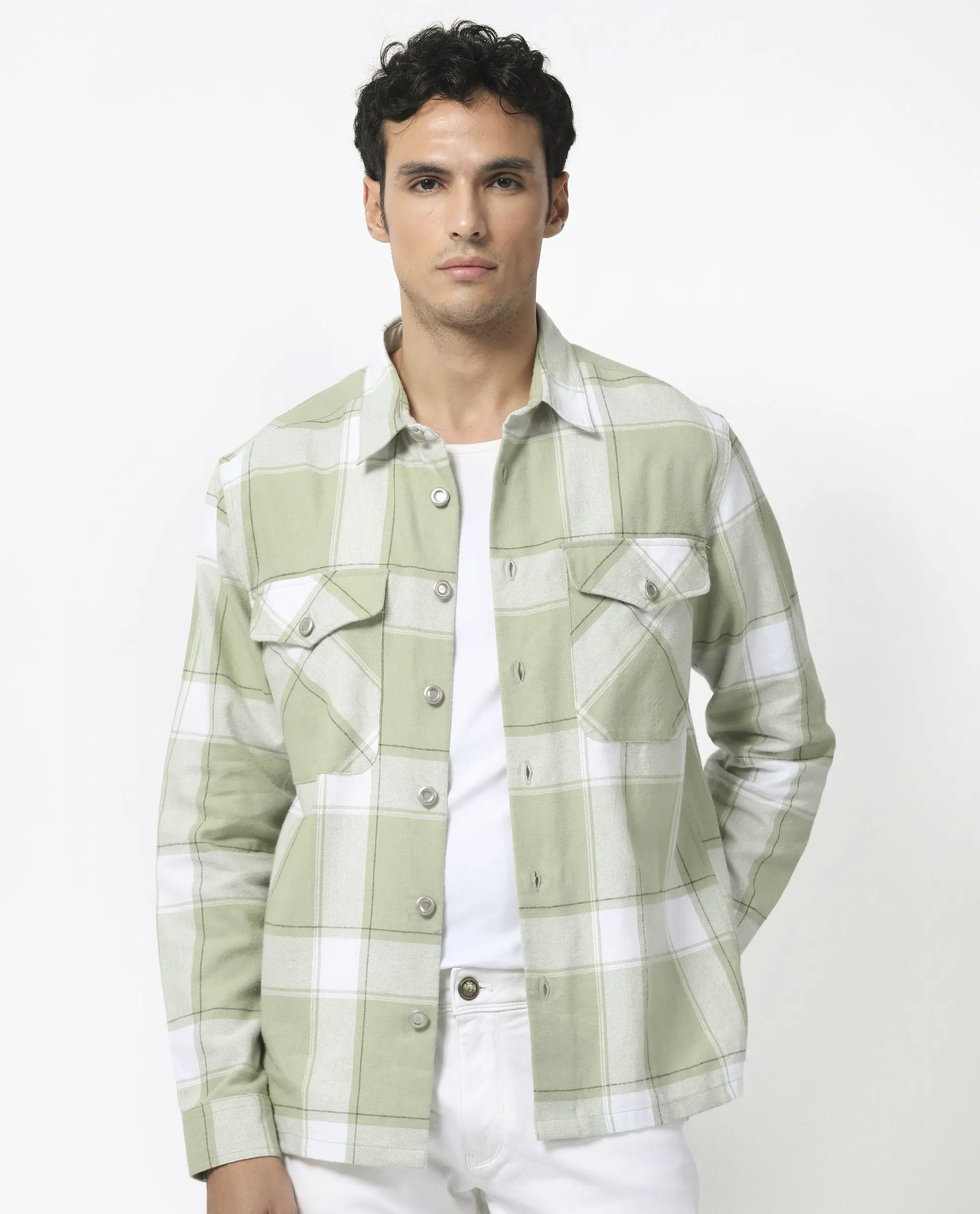 Rare Rabbit Men's Areo Pastel Green Cotton Fabric Full Sleeves Button Closure Twill Checks Shacket