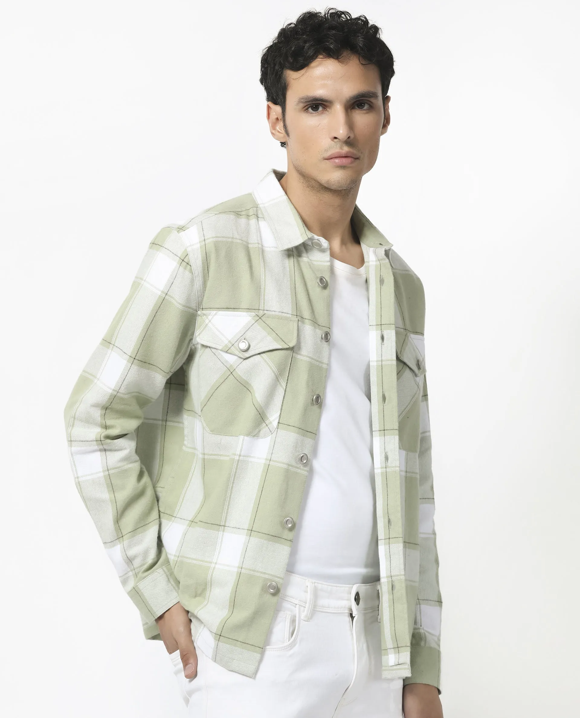 Rare Rabbit Men's Areo Pastel Green Cotton Fabric Full Sleeves Button Closure Twill Checks Shacket