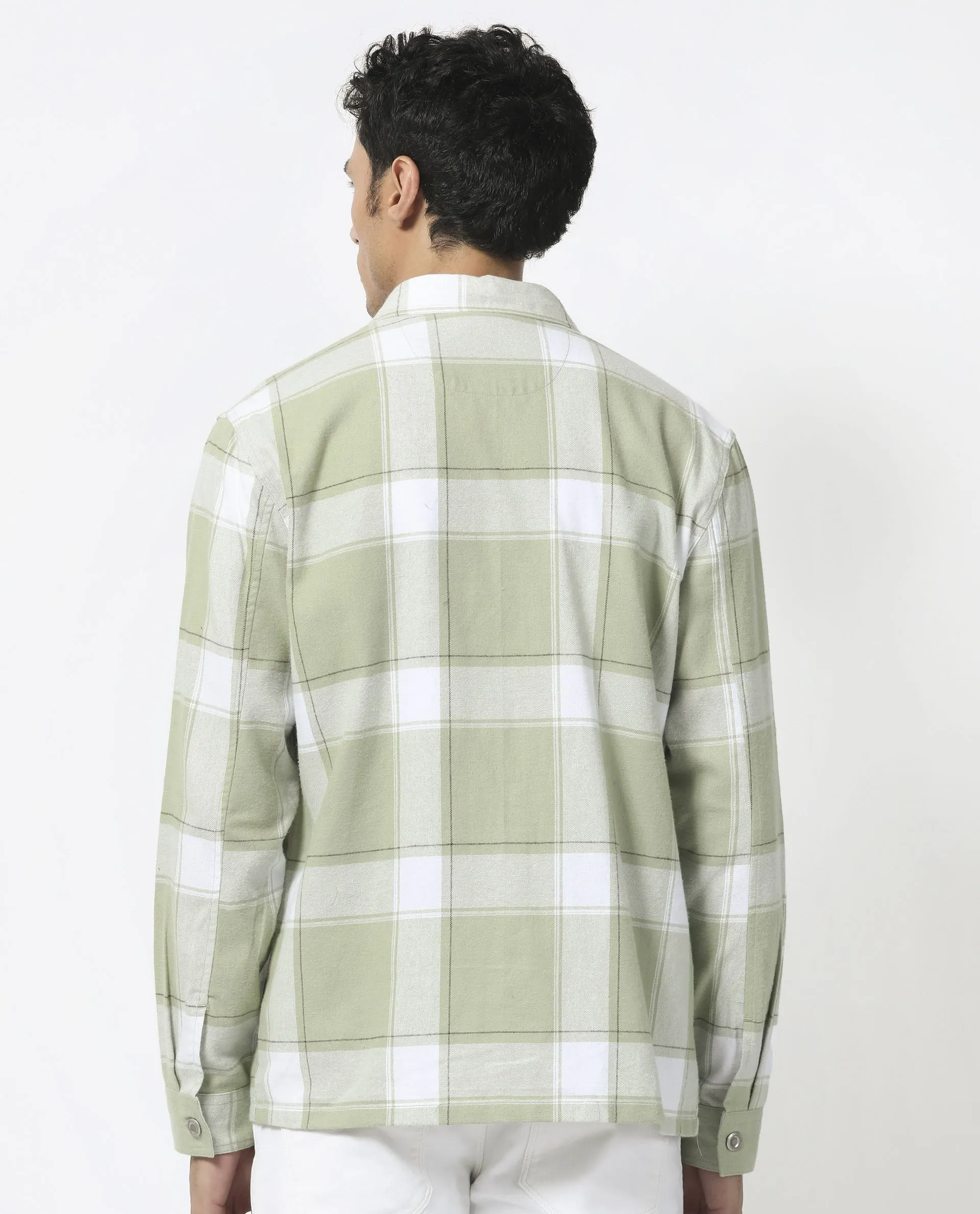 Rare Rabbit Men's Areo Pastel Green Cotton Fabric Full Sleeves Button Closure Twill Checks Shacket