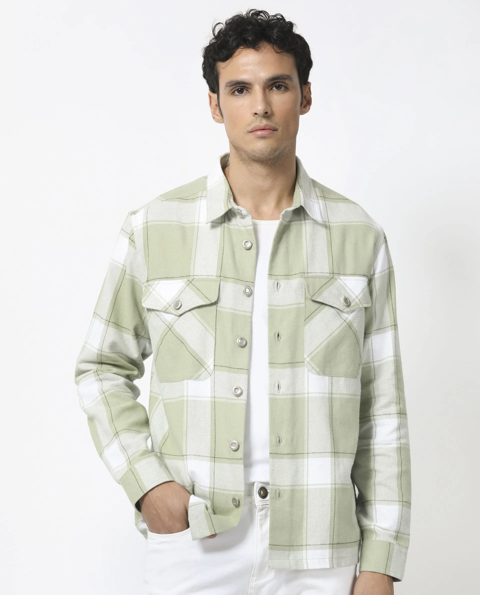 Rare Rabbit Men's Areo Pastel Green Cotton Fabric Full Sleeves Button Closure Twill Checks Shacket