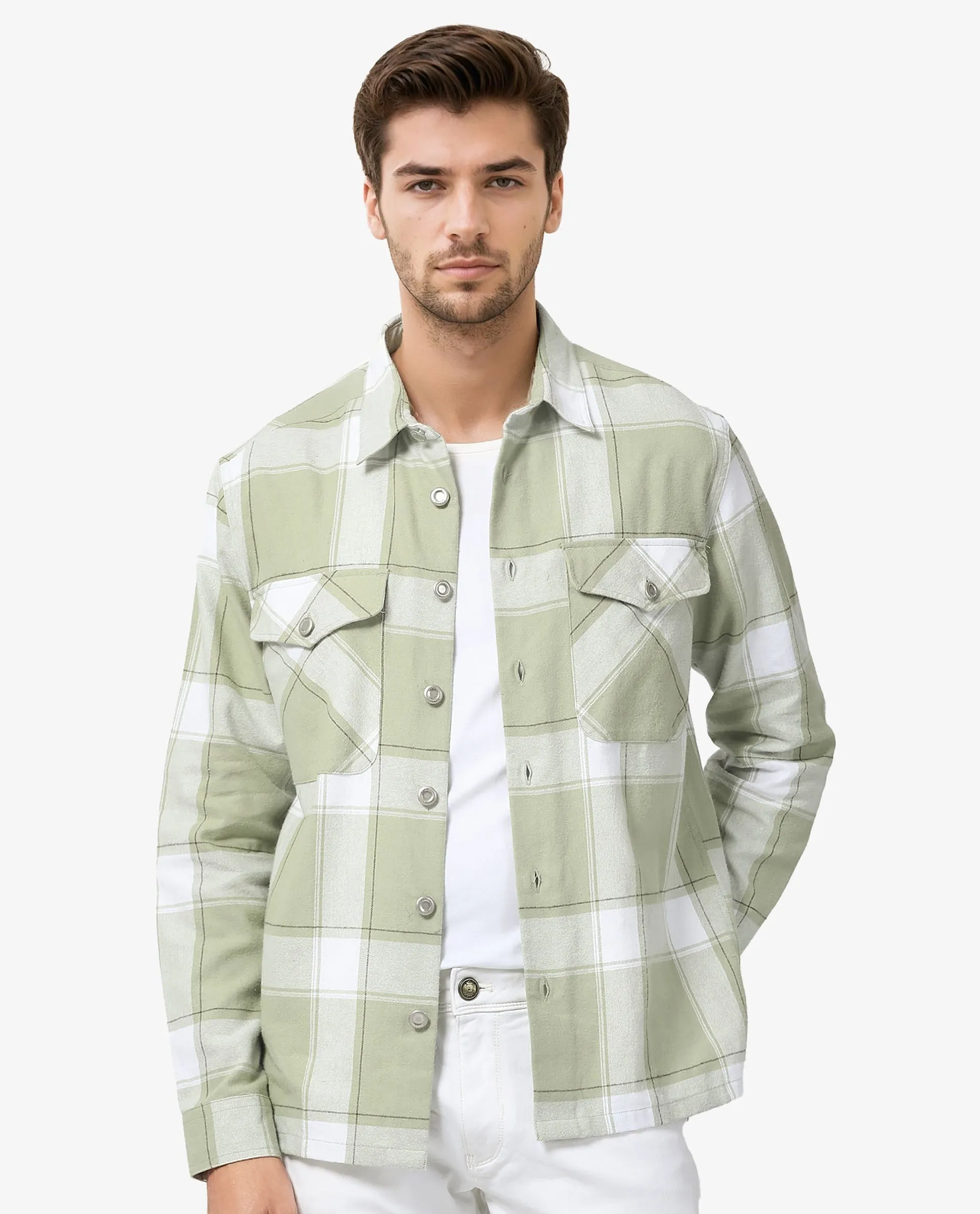 Rare Rabbit Men's Areo Pastel Green Cotton Fabric Full Sleeves Button Closure Twill Checks Shacket