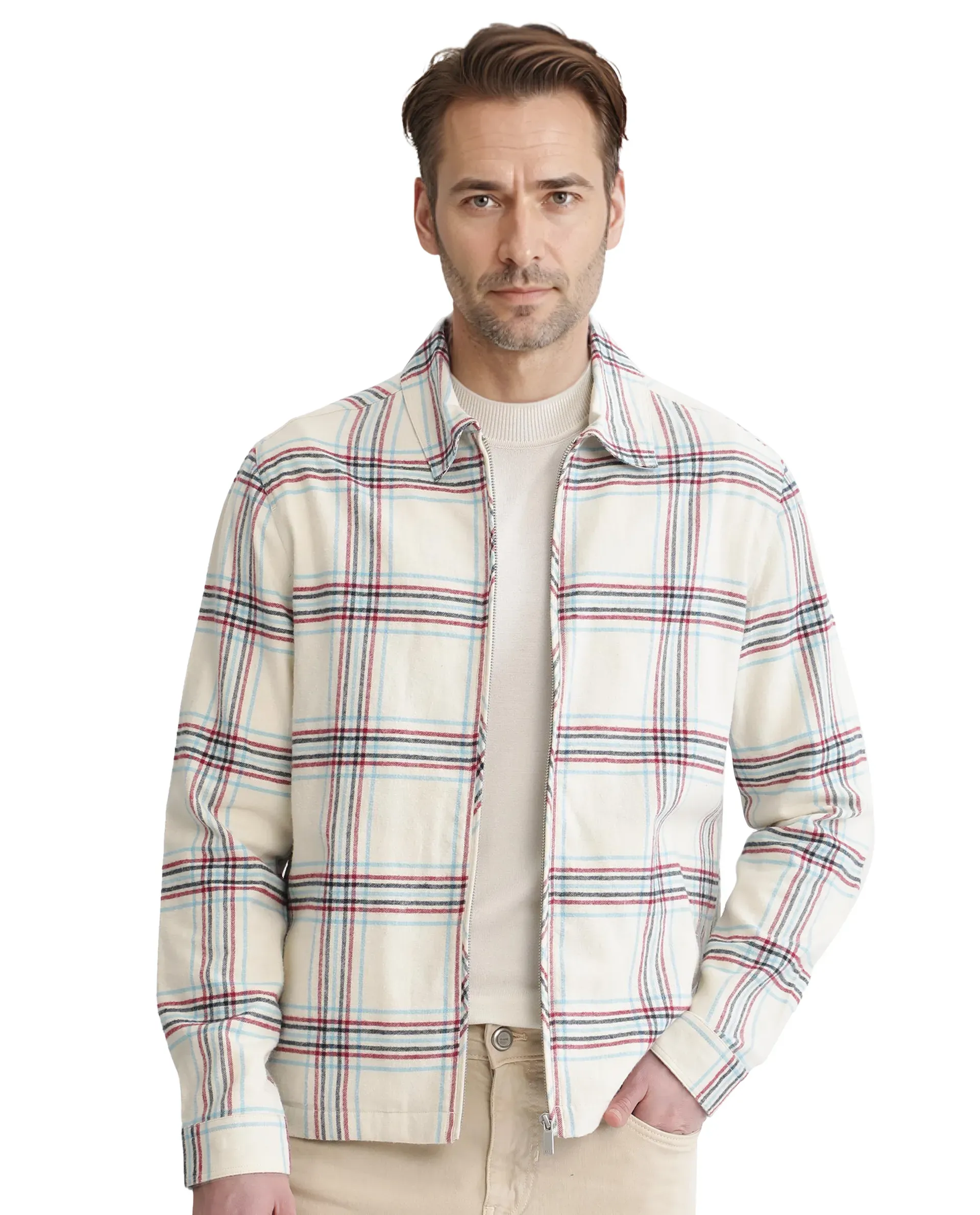 Rare Rabbit Men's Lex Off-White Acrylic Nylon Fabric Full Sleeve Checks Shacket