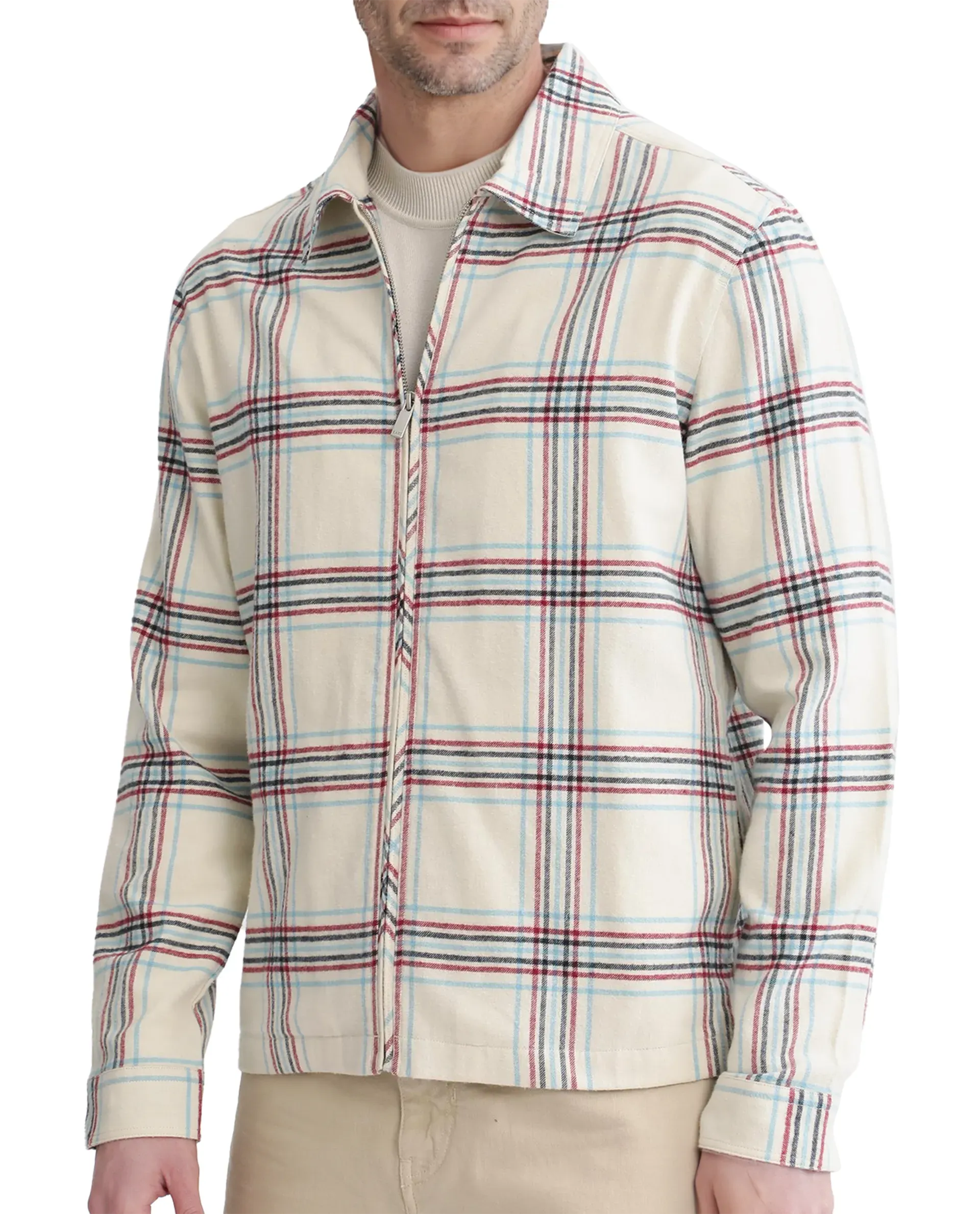 Rare Rabbit Men's Lex Off-White Acrylic Nylon Fabric Full Sleeve Checks Shacket