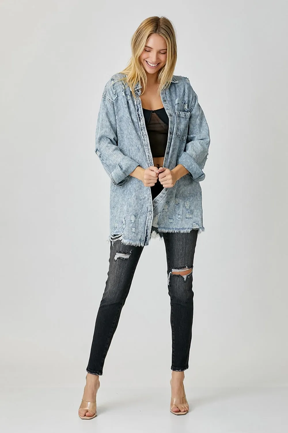 RISEN Distressed Raw Hem Denim Shacket