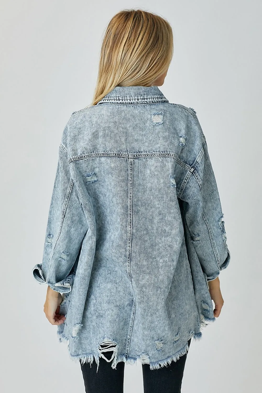 RISEN Distressed Raw Hem Denim Shacket