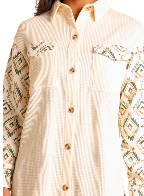 Rock and Roll Cowgirl Women's Ivory Aztec Waffle Knit Button Down Shacket BW92C04500