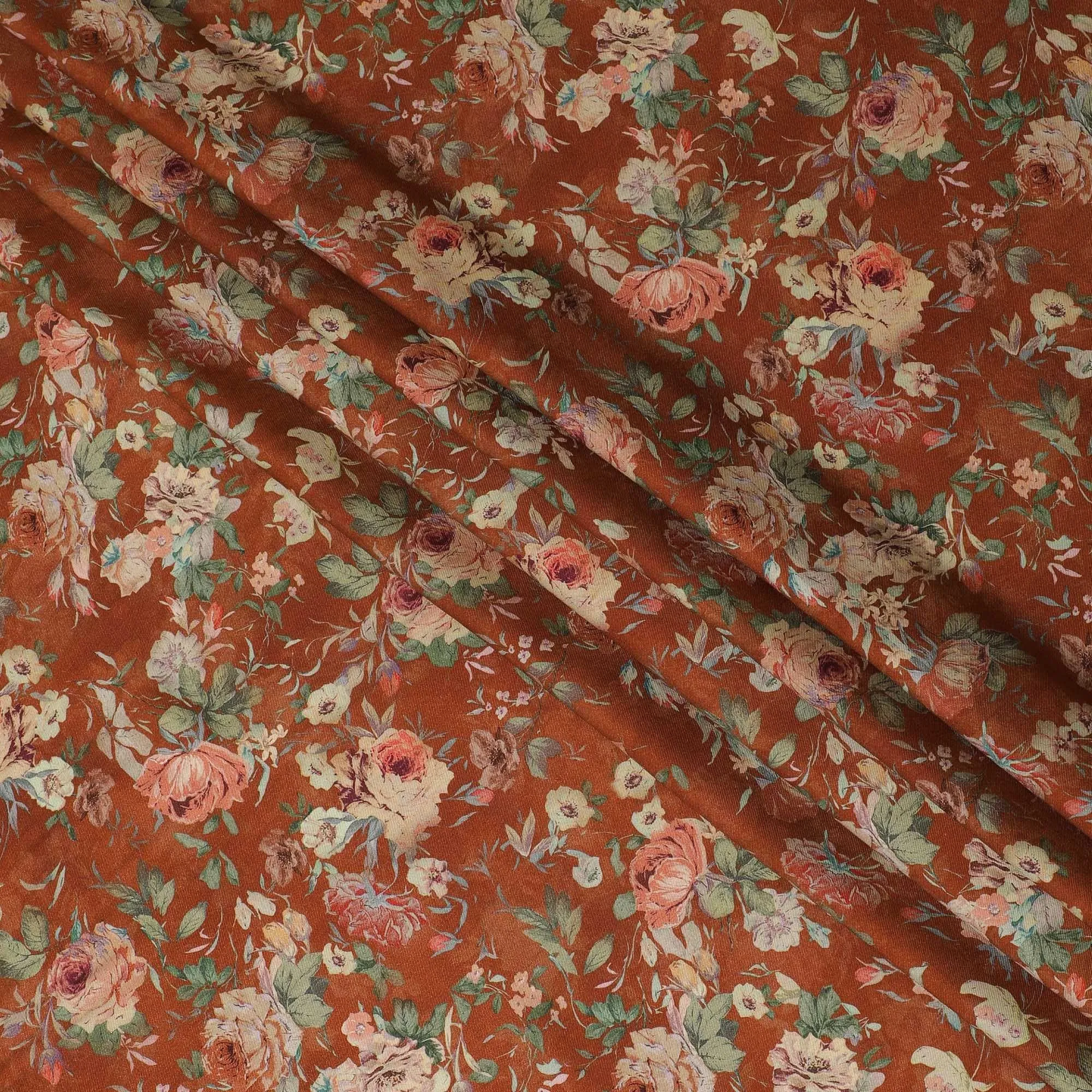 Rusty brown synthetic crepe fabric with multicolor print in floral design-D12239