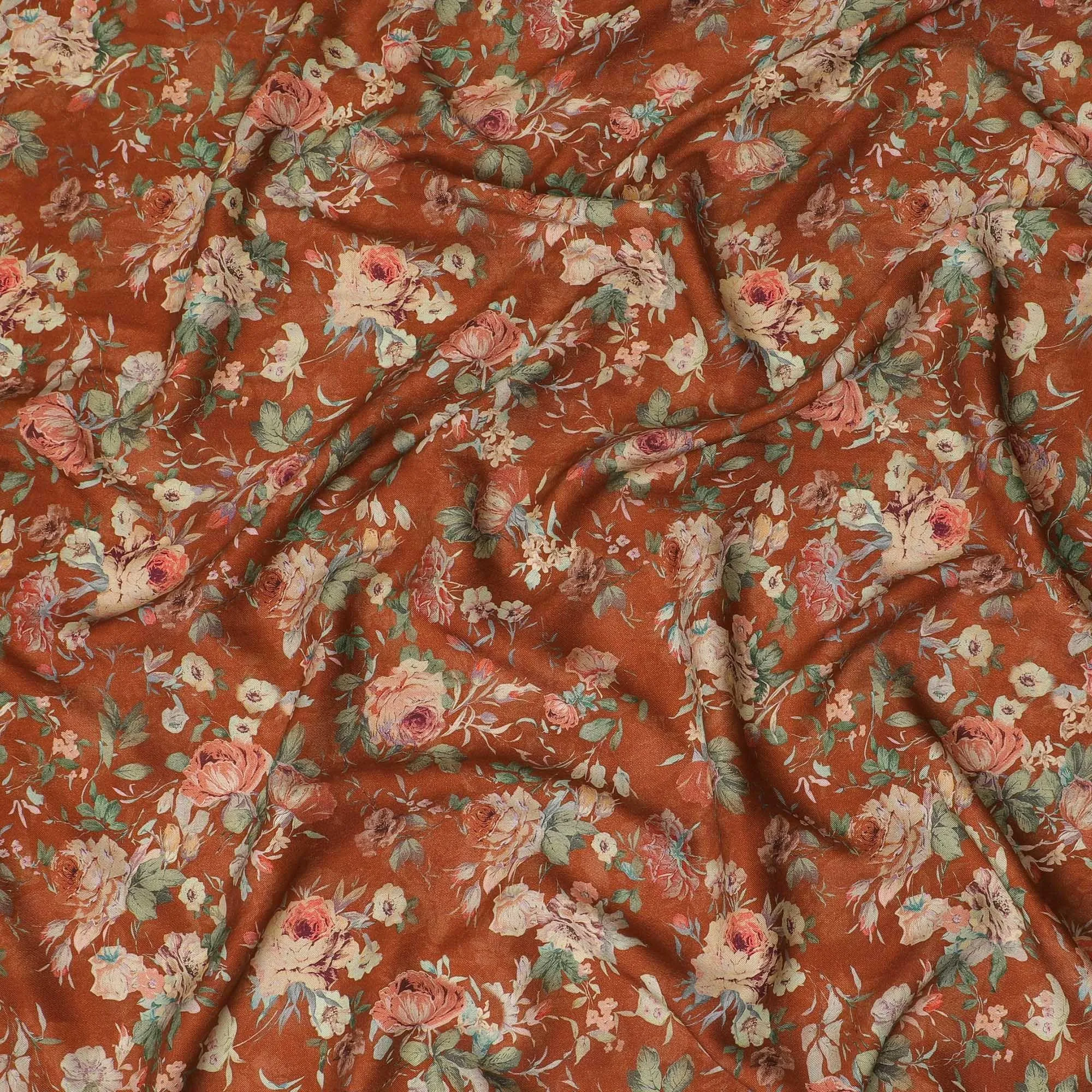 Rusty brown synthetic crepe fabric with multicolor print in floral design-D12239