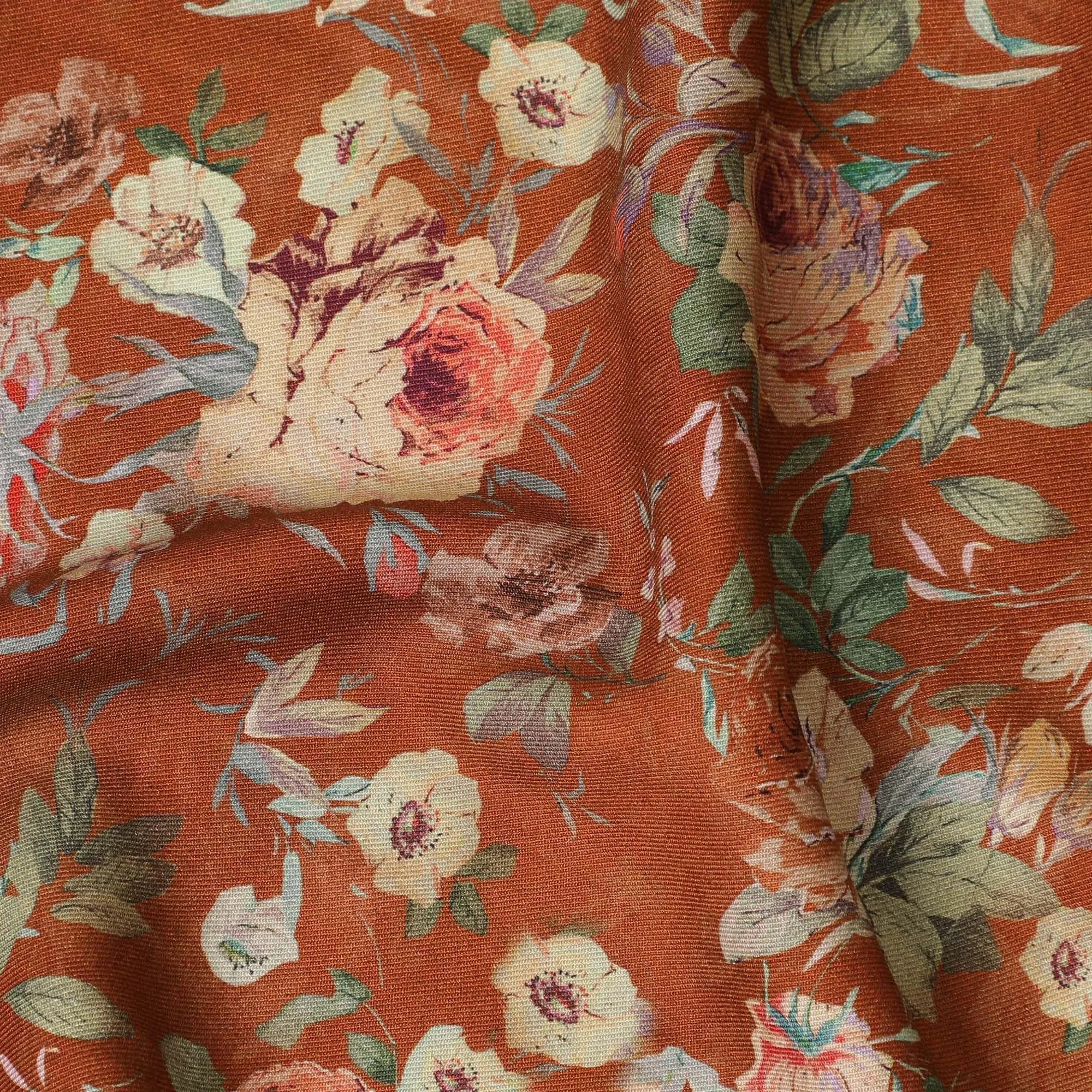 Rusty brown synthetic crepe fabric with multicolor print in floral design-D12239