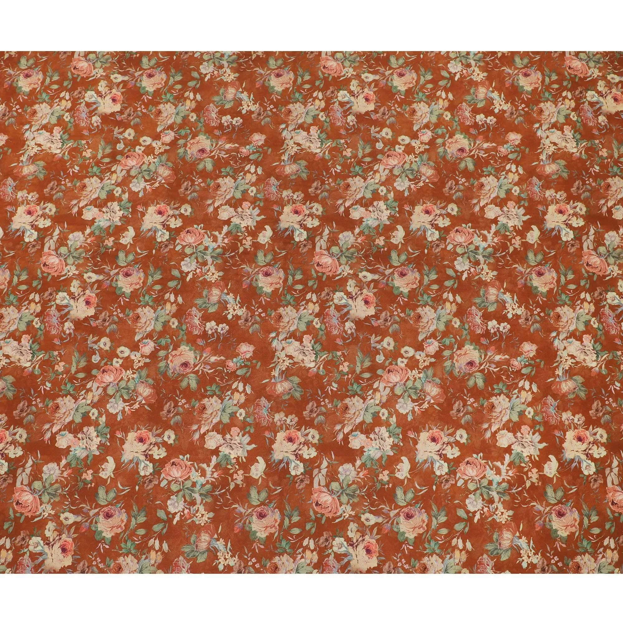 Rusty brown synthetic crepe fabric with multicolor print in floral design-D12239