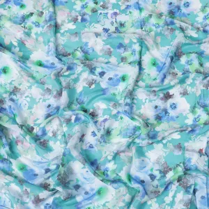 Sea blue synthetic crepe fabric with multicolor print in floral design-D10023