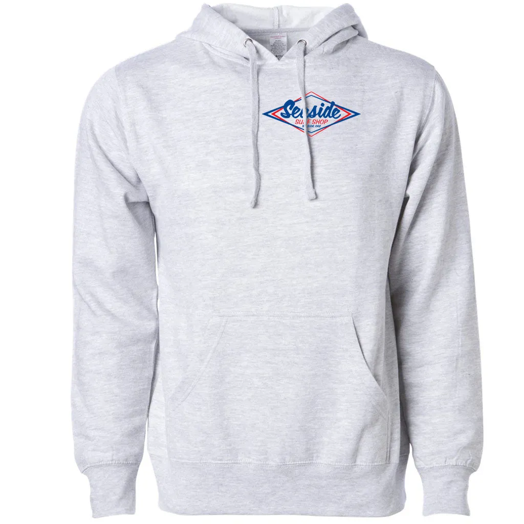 Seaside Surf Shop Mens Vintage Logo Hooded Pullover Sweatshirt - Grey Heather/Red Blue