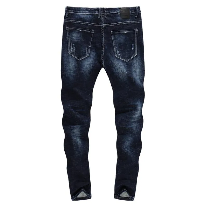 Skinny Ripped Musical Notes Tapered Jeans - Dark Blue